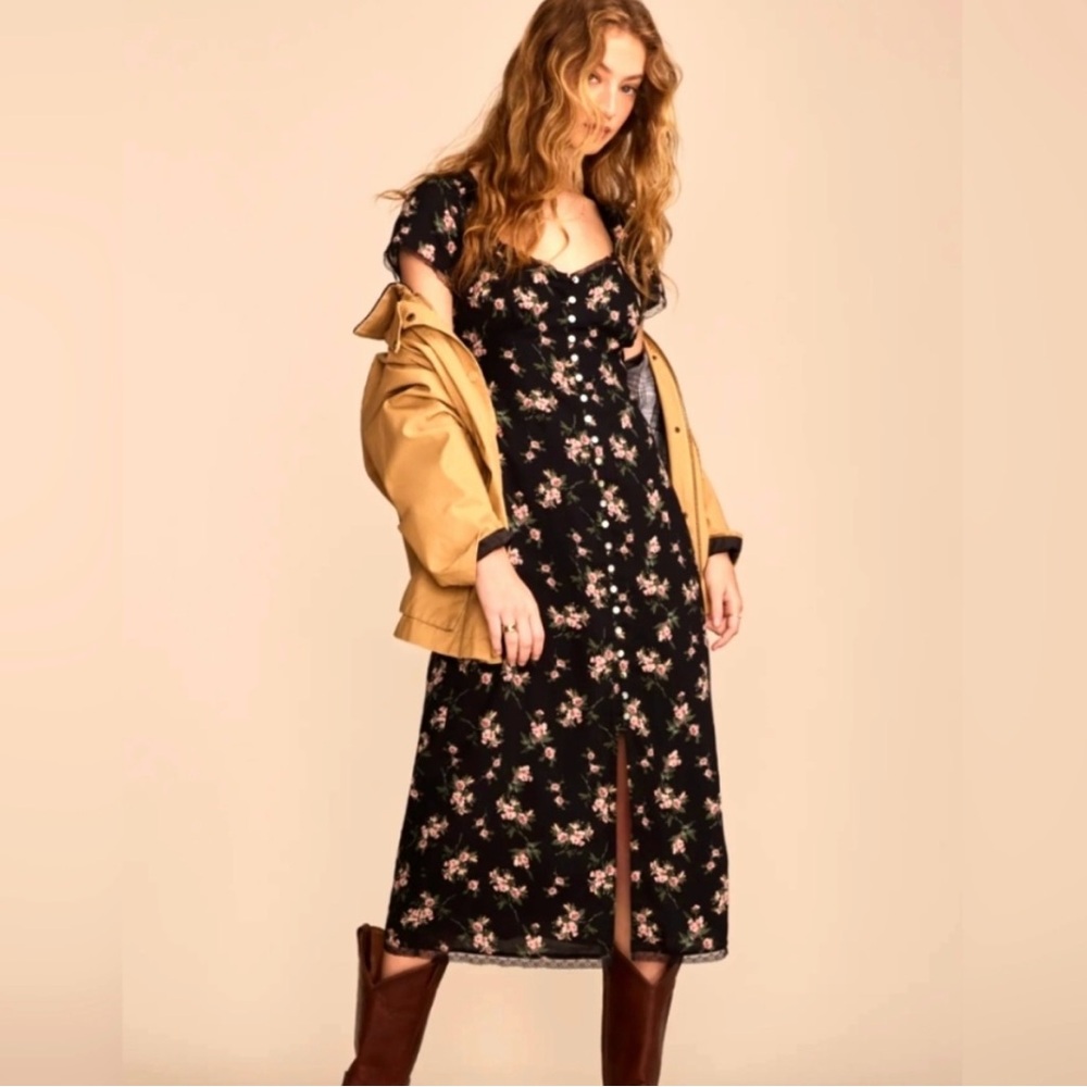 Lucky Brand Black Floral Midi Dress black with peach flowers
